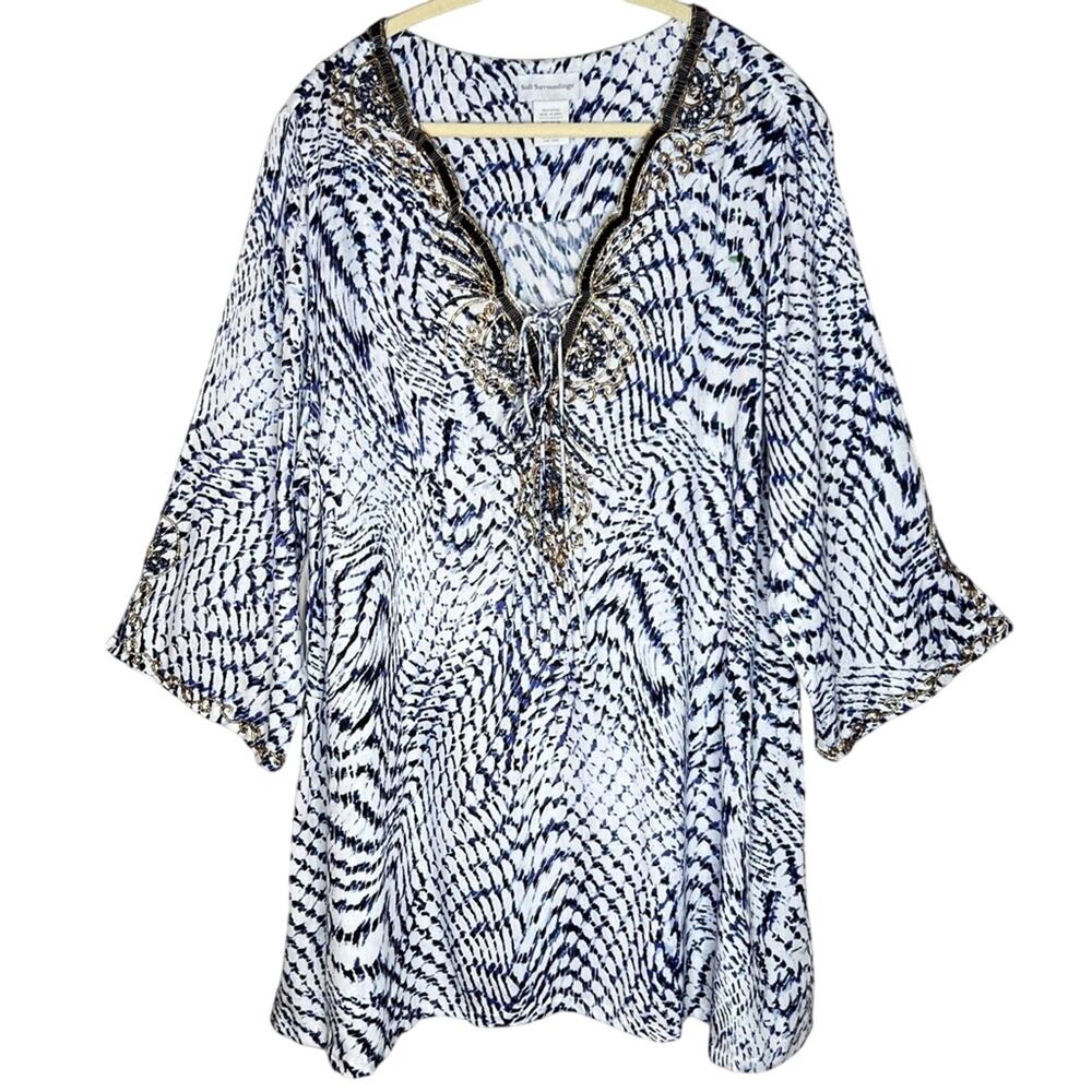 Soft Surroundings South Beach Tunic 1X Plus Blue White Beaded Sequin Lace Up Top